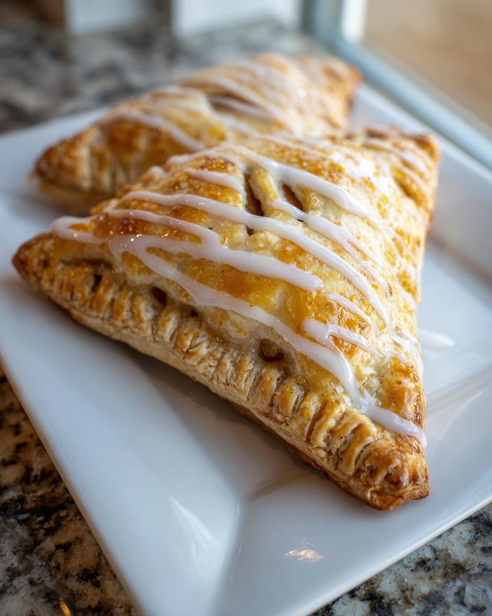Zwei goldbraune, dreieckige Individual Apple Hand Pies With Glaze auf einem wei&szlig;en Teller.