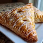 Nahaufnahme von zwei goldbraunen Individual Apple Hand Pies With Glaze auf einem wei&szlig;en Teller.