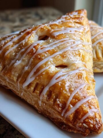 Nahaufnahme von zwei goldbraunen Individual Apple Hand Pies With Glaze auf einem wei&szlig;en Teller.
