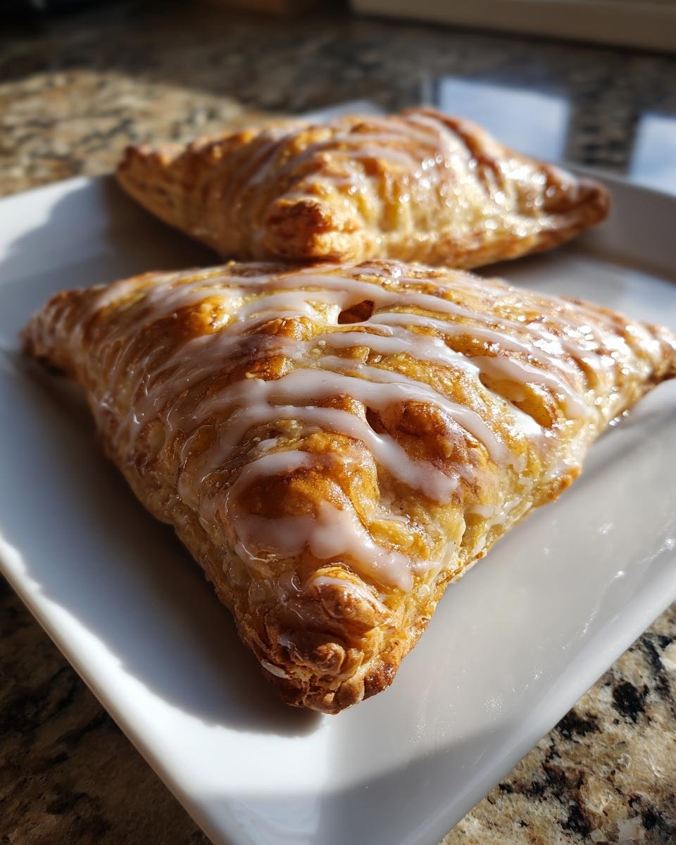 Nahaufnahme von zwei goldbraunen Individual Apple Hand Pies mit einem wei&szlig;en Zuckerguss auf einem wei&szlig;en Teller.