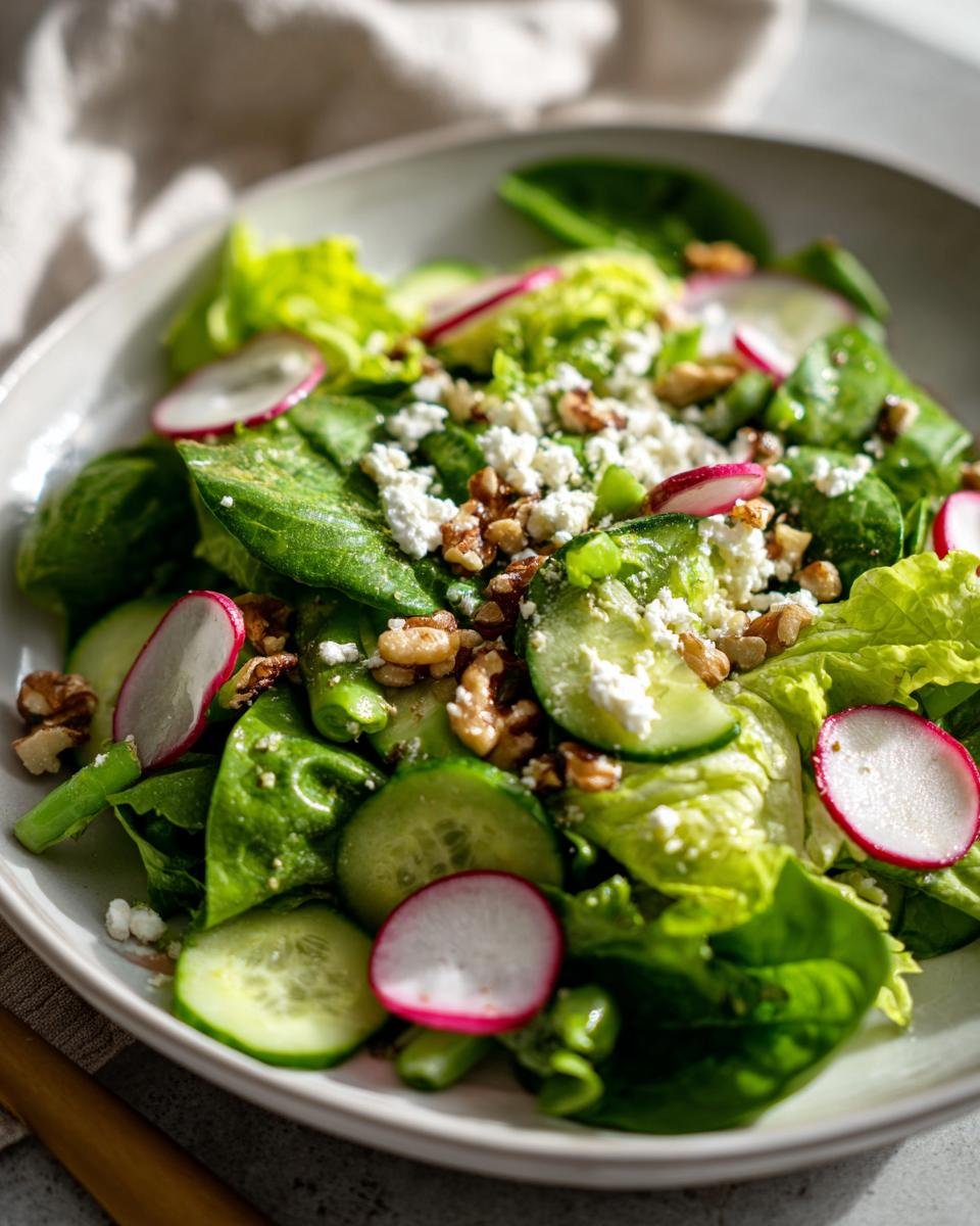 Nahaufnahme eines knackigen Spring Salad mit gr&uuml;nen Bl&auml;ttern, Gurkenscheiben, Radieschen und zerbr&ouml;seltem Feta.