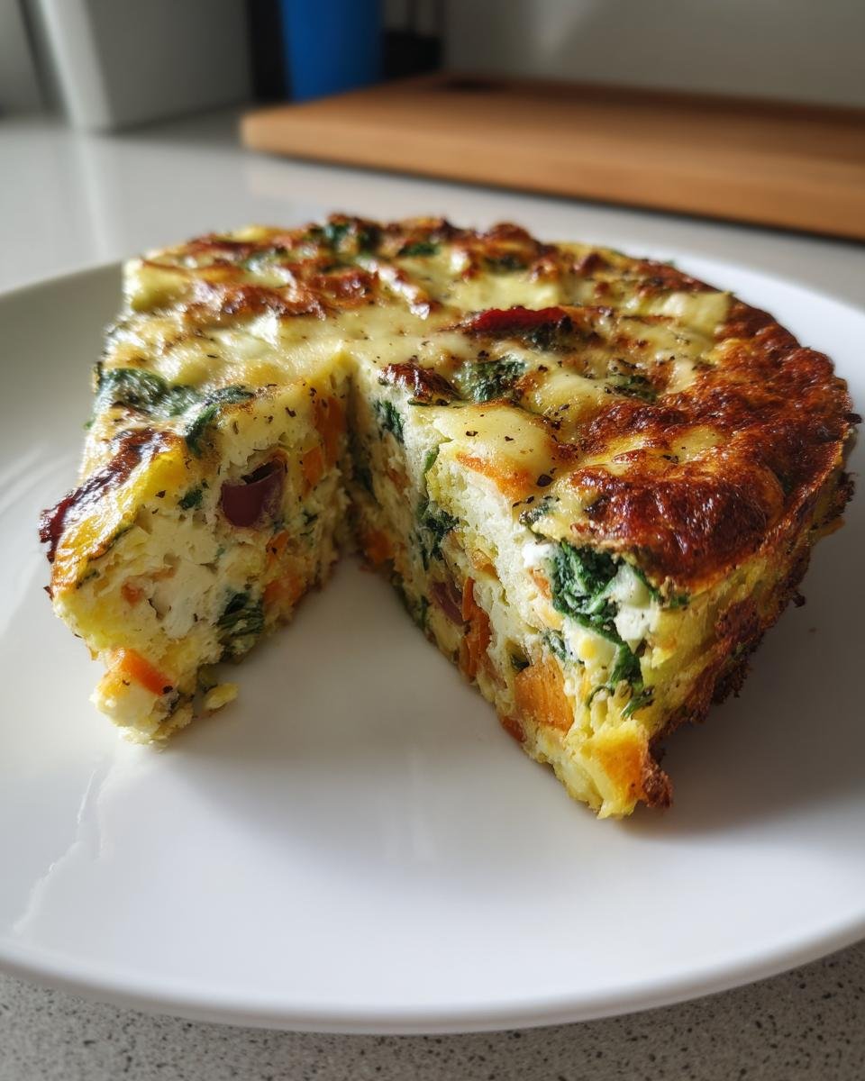 Ein angeschnittenes St&uuml;ck Leftover Veggie Frittata mit viel Gem&uuml;se und goldbraun gebackener K&auml;sekruste.