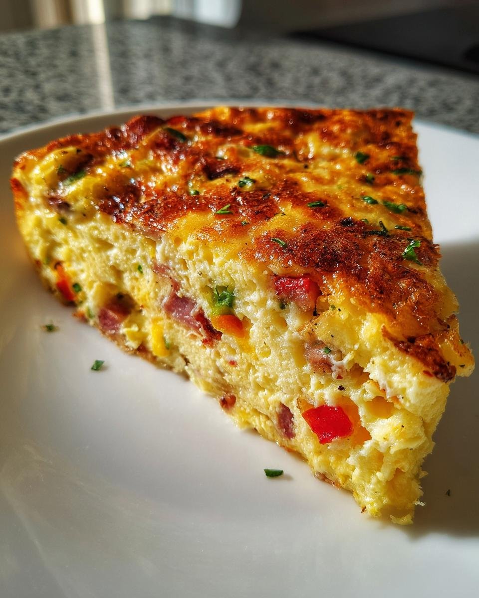 Ein dreieckiges St&uuml;ck Leftover Veggie Frittata mit sichtbaren Gem&uuml;se- und Fleischst&uuml;cken auf einem wei&szlig;en Teller.