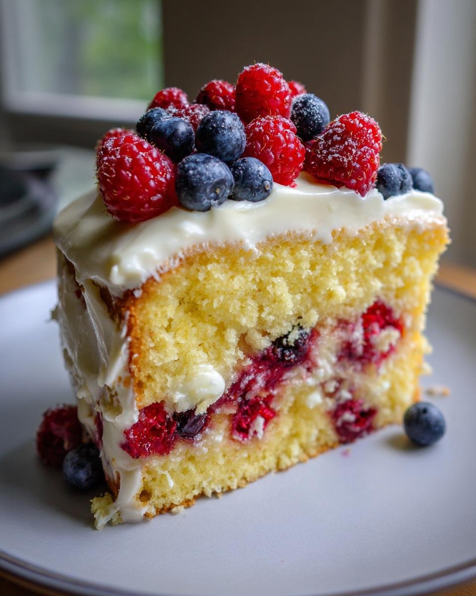 Nahaufnahme eines St&uuml;cks Lemon Berry Birthday Cake mit gelbem Biskuit, wei&szlig;er Creme und frischen Himbeeren und Blaubeeren obenauf.
