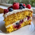 Nahaufnahme eines St&uuml;cks Lemon Berry Birthday Cake mit gelbem Biskuit, wei&szlig;er Creme und frischen Himbeeren und Blaubeeren.