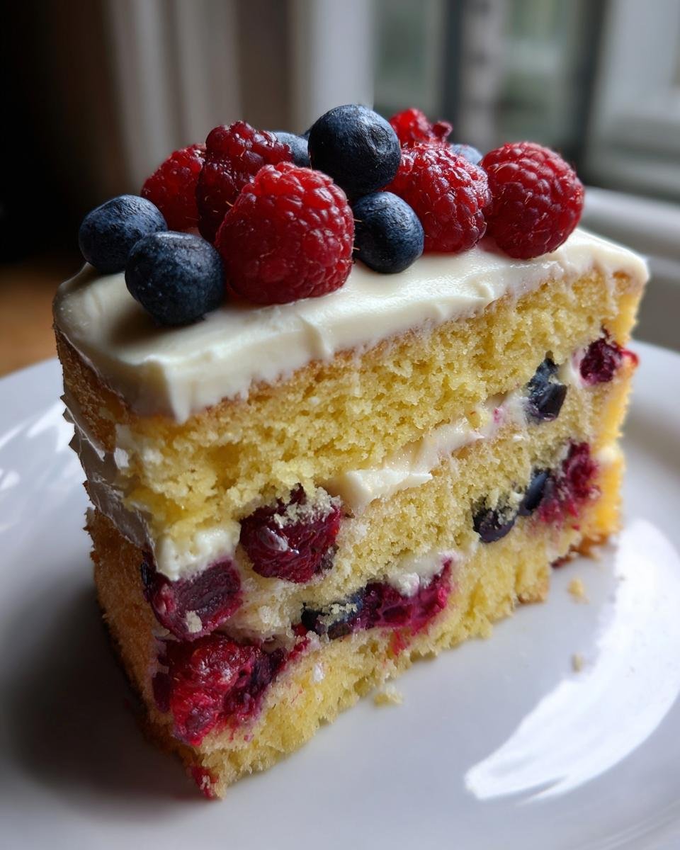 Ein angeschnittenes St&uuml;ck Lemon Berry Birthday Cake mit gelbem Biskuit, wei&szlig;er Creme und frischen Himbeeren und Blaubeeren obenauf.
