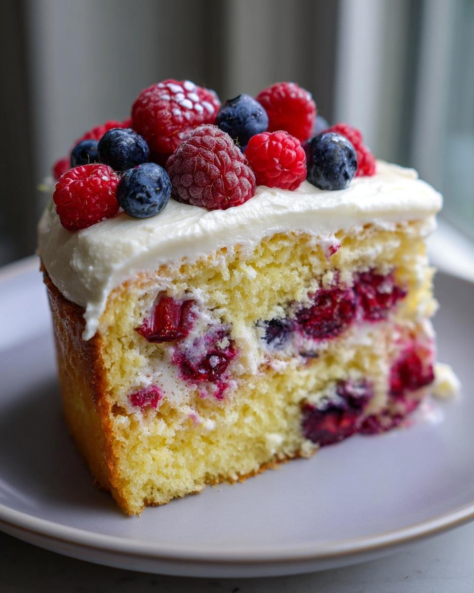 Ein saftiges St&uuml;ck Lemon Berry Birthday Cake mit wei&szlig;em Frosting und frischen Himbeeren und Blaubeeren obenauf.