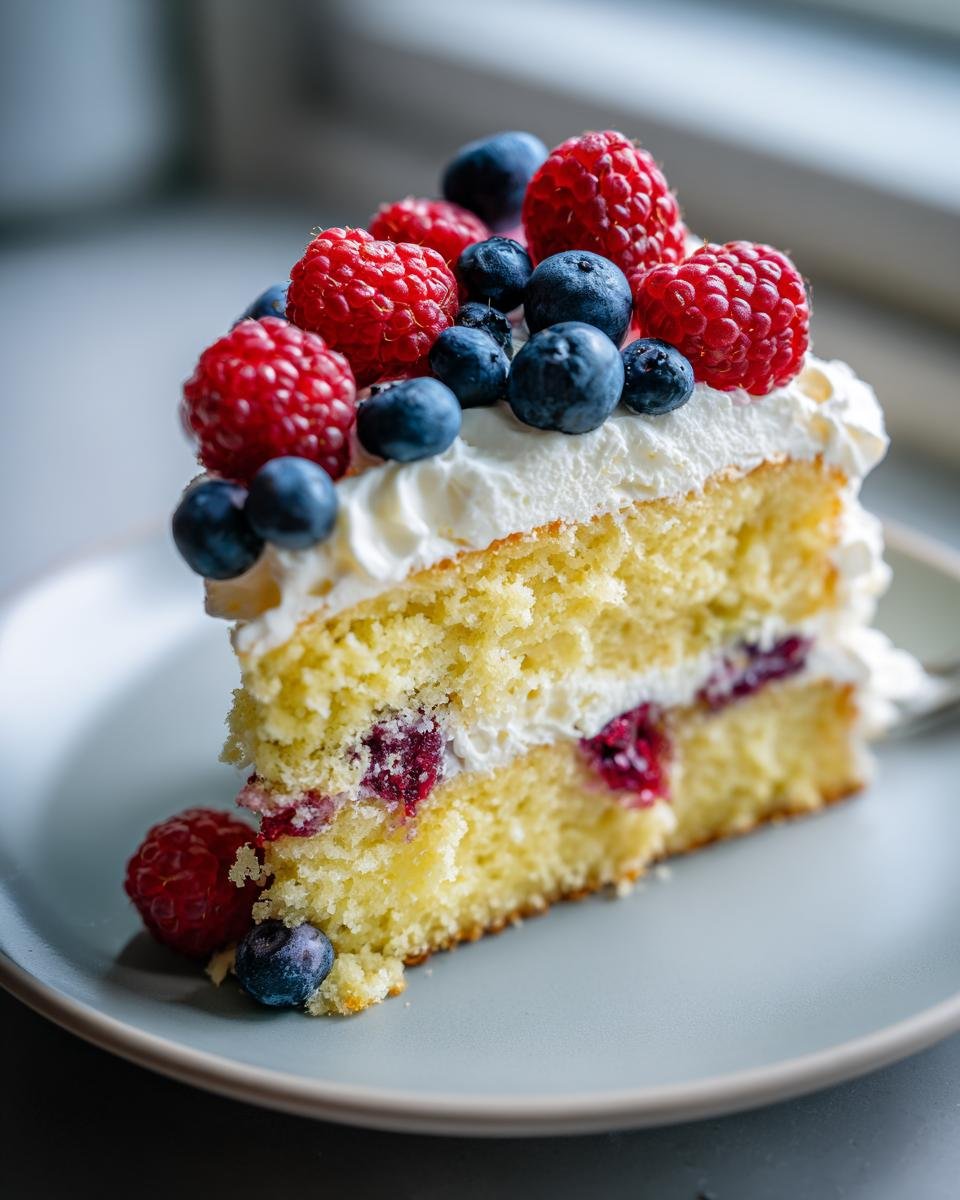 Nahaufnahme eines St&uuml;cks Lemon Berry Birthday Cake mit hellgelbem Biskuit, Sahne und frischen Himbeeren und Blaubeeren.