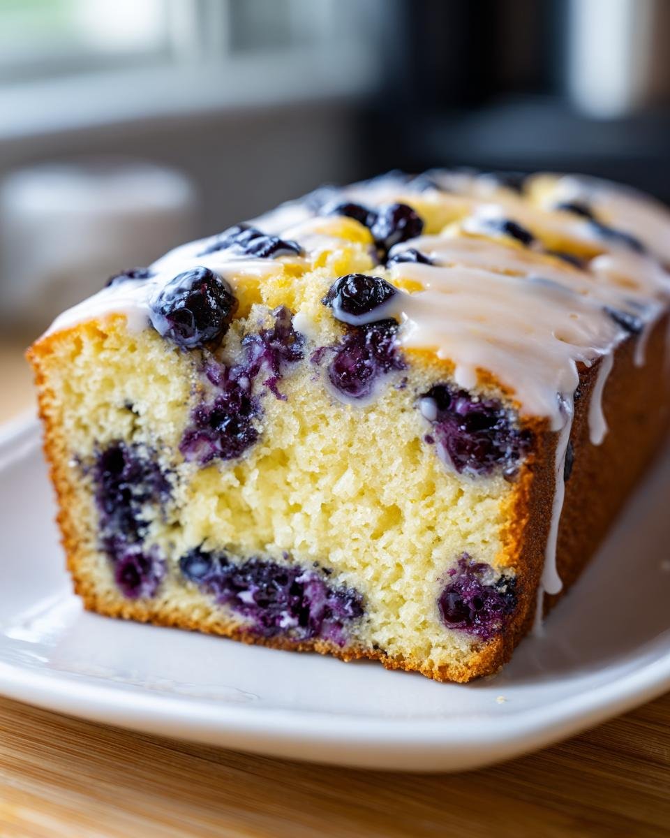 Nahaufnahme eines angeschnittenen Lemon Blueberry Cake Loaf mit viel Blaubeeren und wei&szlig;em Zitronenguss.