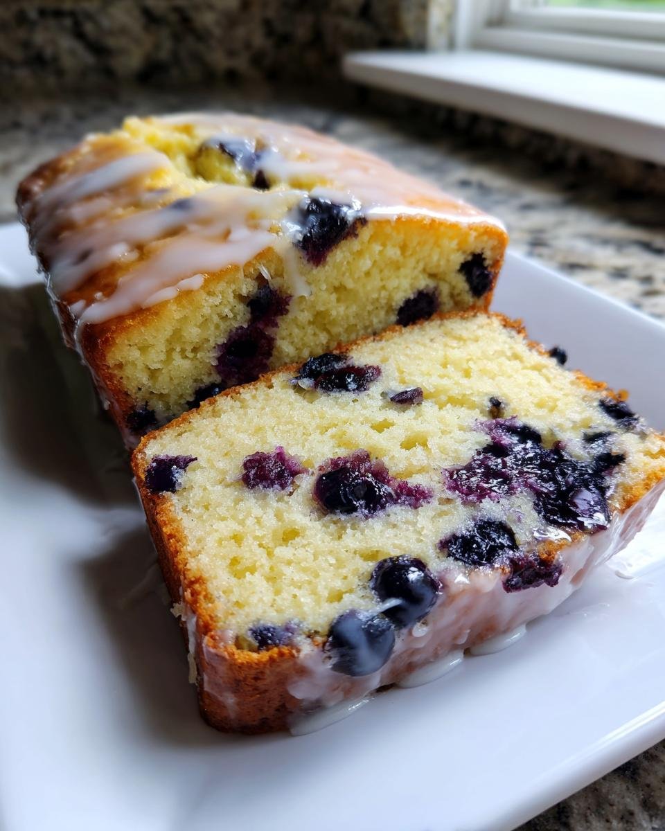 Angeschnittener Lemon Blueberry Cake Loaf mit saftigen Blaubeeren und Zitronenglasur auf einem wei&szlig;en Teller.