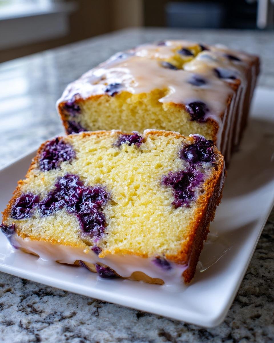 Nahaufnahme eines angeschnittenen Lemon Blueberry Cake Loaf mit saftigen Blaubeeren und Zitronenglasur.