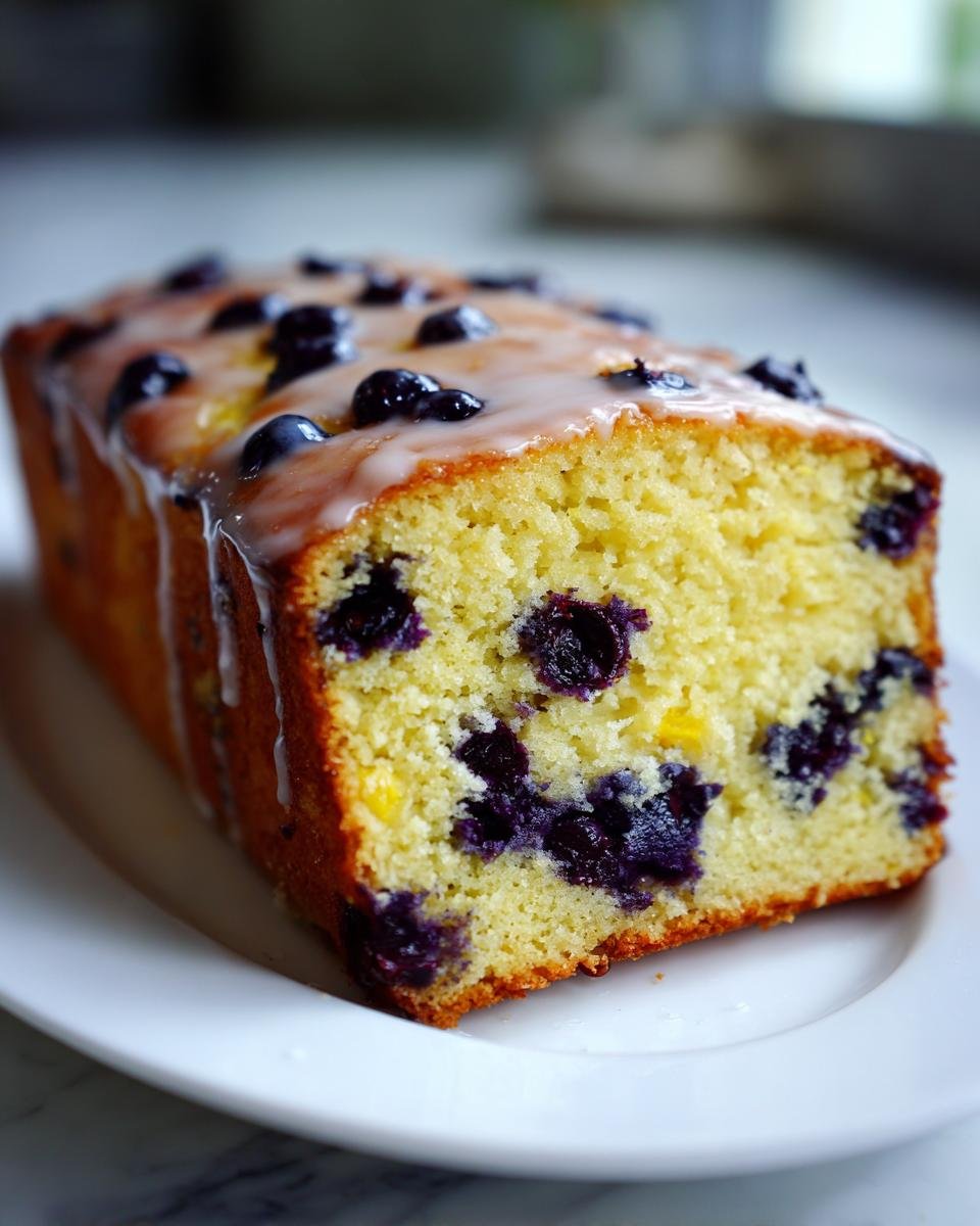 Nahaufnahme eines saftigen Lemon Blueberry Cake Loaf mit Zitronenglasur und vielen Blaubeeren.