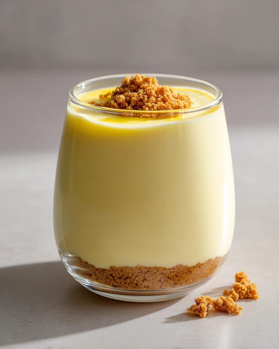 Nahaufnahme eines fertigen Lemon Mousse Dessert Cups mit Keksboden und Streusel-Topping im Glas.