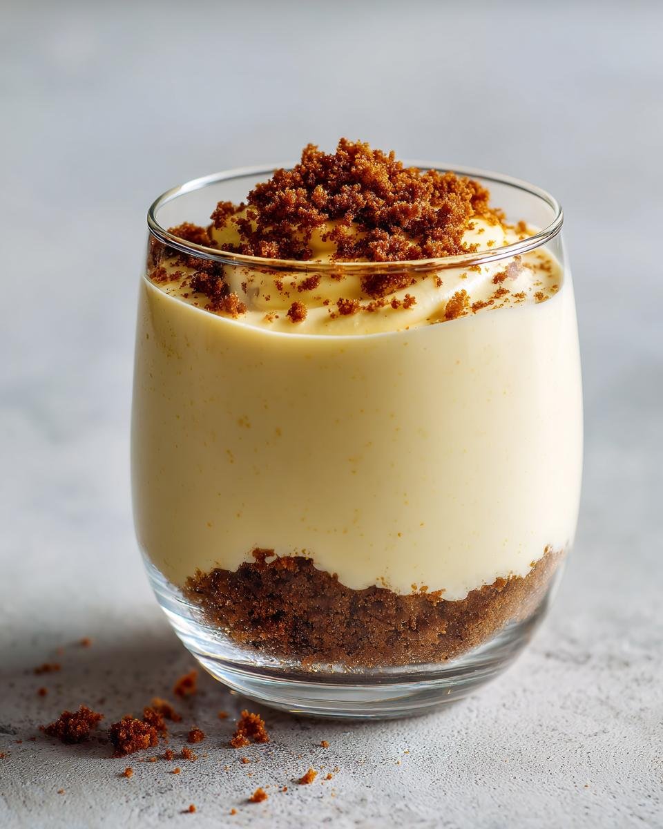 Nahaufnahme von fertigen Lemon Mousse Dessert Cups mit Keksboden und Streusel-Topping im Glas.