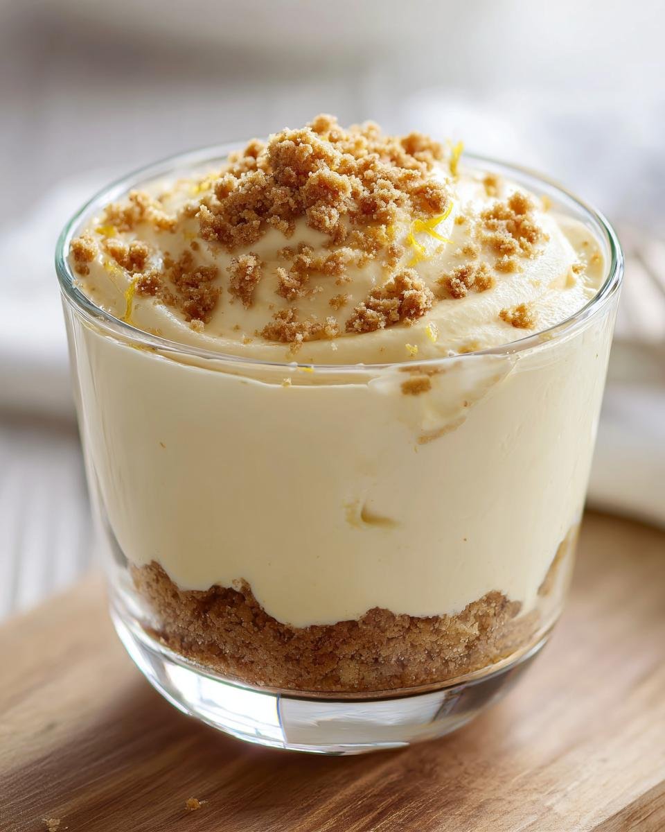 Nahaufnahme von fertigen Lemon Mousse Dessert Cups mit Keksboden und Streusel-Topping.