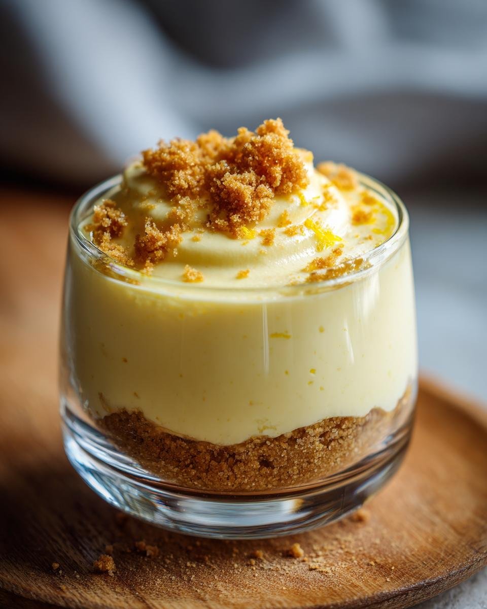 Nahaufnahme von fertigen Lemon Mousse Dessert Cups mit Keksboden und Streusel-Topping.
