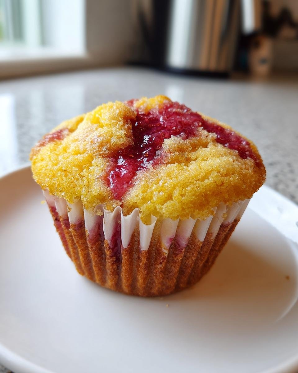 Nahaufnahme eines saftigen Lemon Strawberry Swirl Cupcakes mit leuchtend rotem Fruchtwirbel auf einem wei&szlig;en Teller.