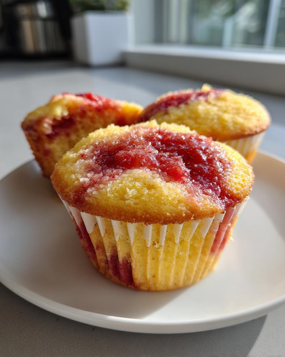 Drei saftige Lemon Strawberry Swirl Cupcakes mit Erdbeermarmelade auf einem wei&szlig;en Teller.