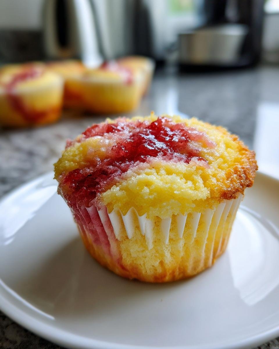 Ein einzelner, saftiger Lemon Strawberry Swirl Cupcake mit Erdbeermarmelade auf einem wei&szlig;en Teller.