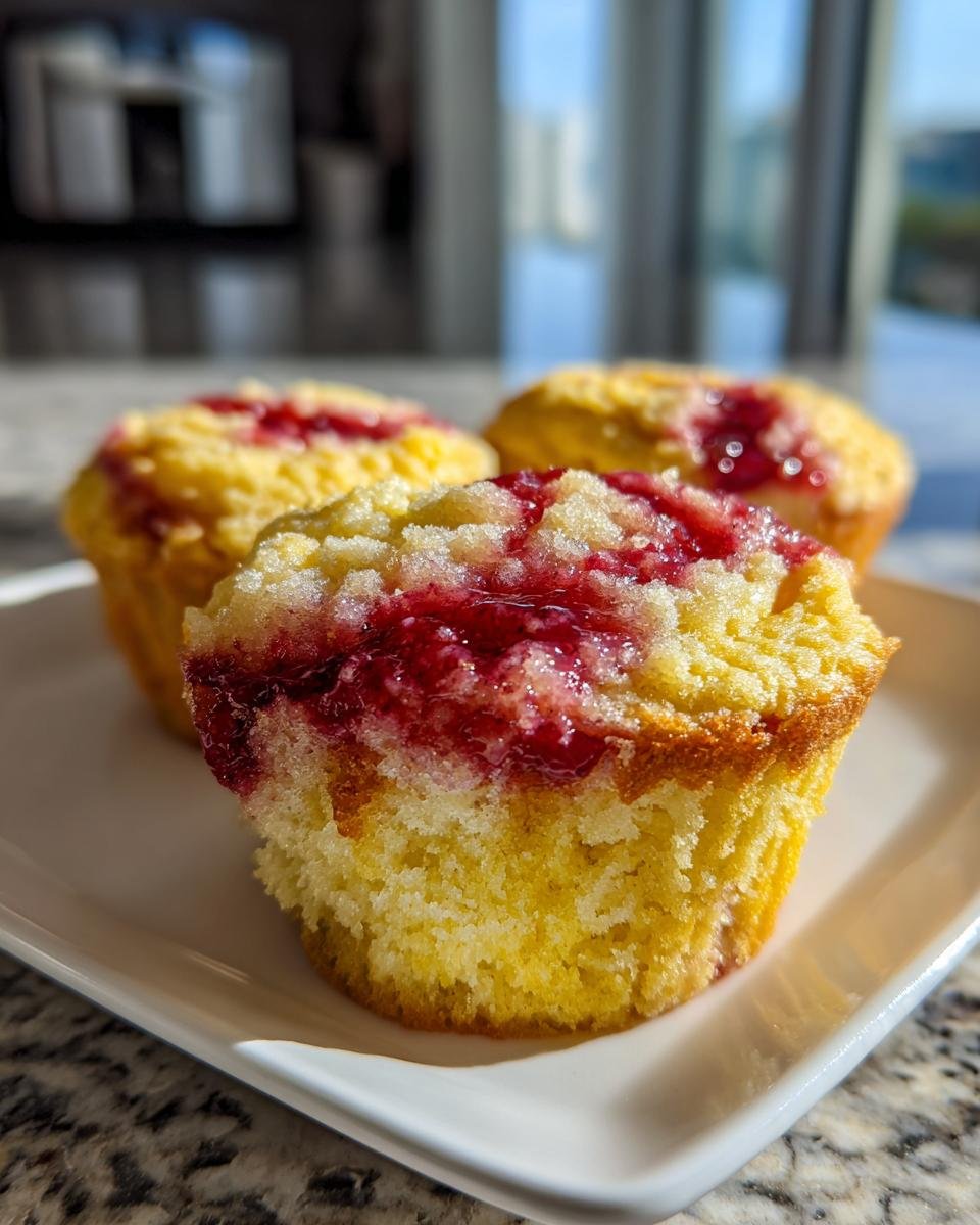 Nahaufnahme von drei saftigen Lemon Strawberry Swirl Cupcakes mit Himbeerswirl auf einem wei&szlig;en Teller.