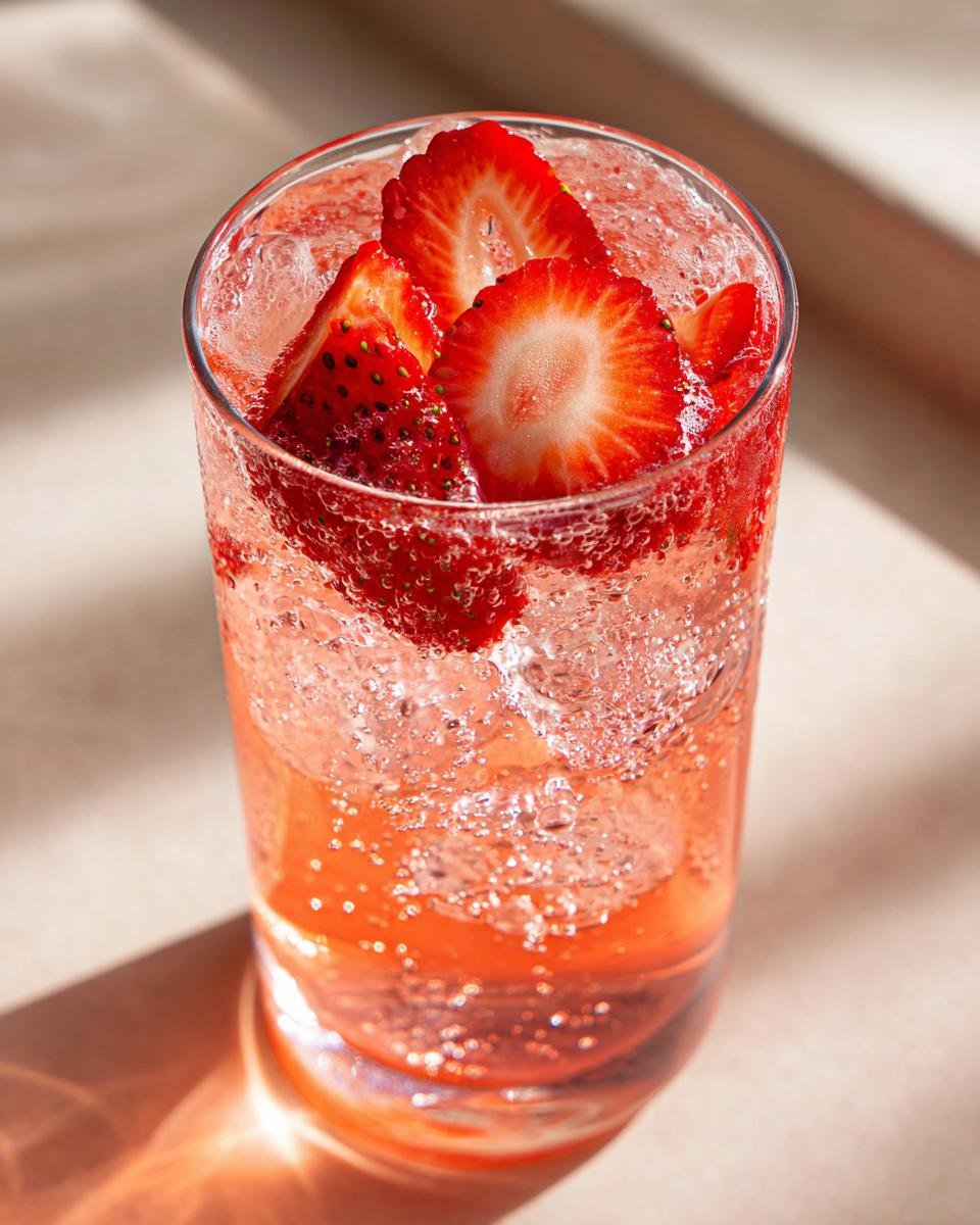 Nahaufnahme eines hohen Glases mit einem sprudelnden Pink Strawberry Soda Mocktail, gef&uuml;llt mit Eisw&uuml;rfeln und frischen Erdbeerscheiben.