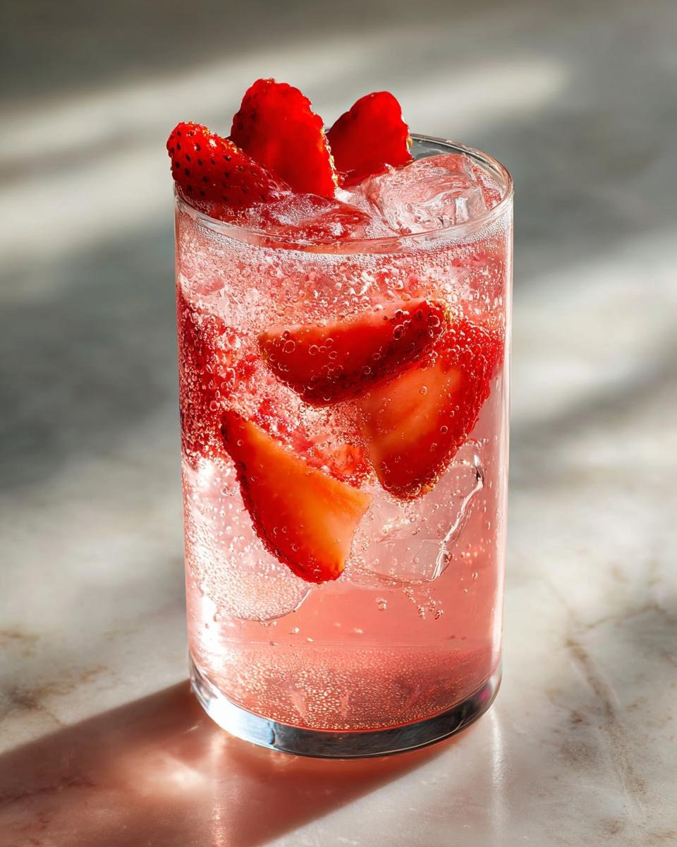 Nahaufnahme eines Pink Strawberry Soda Mocktail mit Eisw&uuml;rfeln und frischen Erdbeerscheiben in einem hohen Glas.