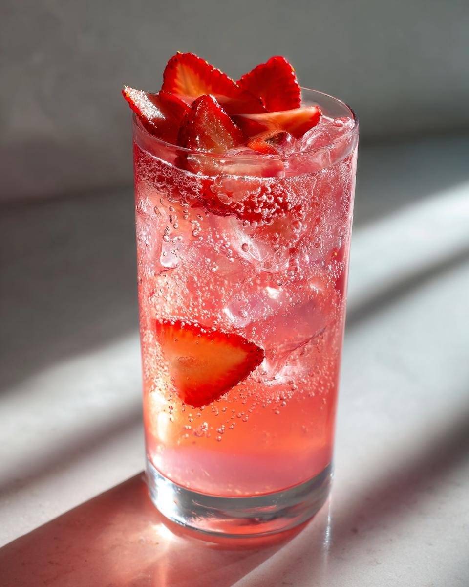 Nahaufnahme eines erfrischenden Pink Strawberry Soda Mocktail mit Eisw&uuml;rfeln und frischen Erdbeerscheiben.