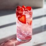 Nahaufnahme eines hohen Glases mit einem sprudelnden Pink Strawberry Soda Mocktail, gef&uuml;llt mit Eisw&uuml;rfeln und frischen Erdbeerscheiben.