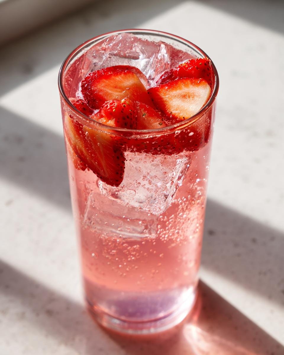 Nahaufnahme eines hohen Glases mit einem erfrischenden Pink Strawberry Soda Mocktail, gef&uuml;llt mit Eis und frischen Erdbeerscheiben.