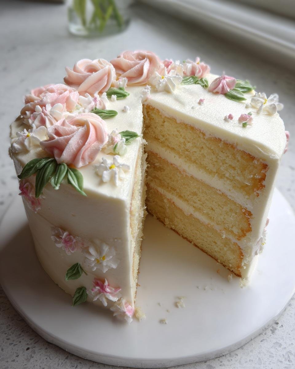 Angeschnittener Simple Floral Buttercream Cake mit wei&szlig;er Creme und rosa Bl&uuml;ten-Dekor.
