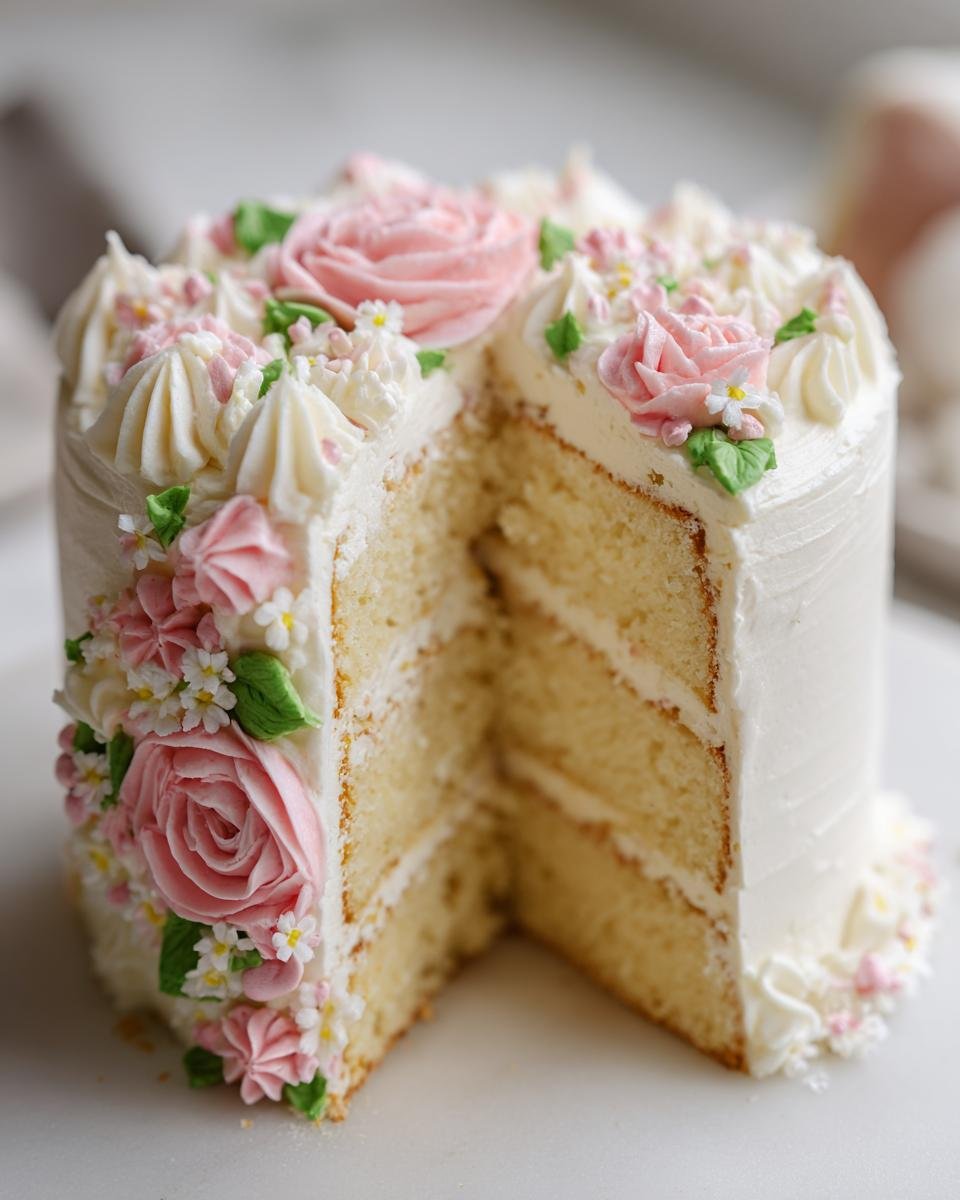 Aufgeschnittener Simple Floral Buttercream Cake mit wei&szlig;en und rosa Blumen aus Buttercreme.