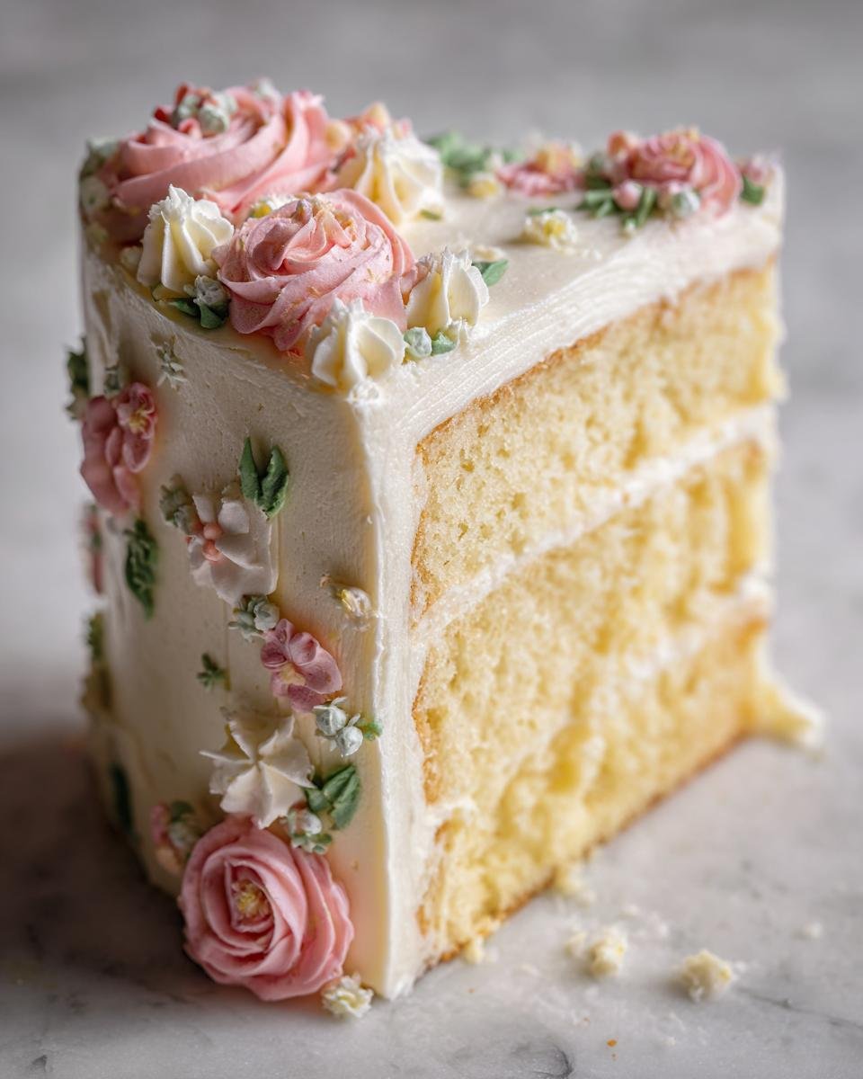 Ein angeschnittenes St&uuml;ck Simple Floral Buttercream Cake mit hellem Biskuit und wei&szlig;er Creme, verziert mit rosa Butterblumen.