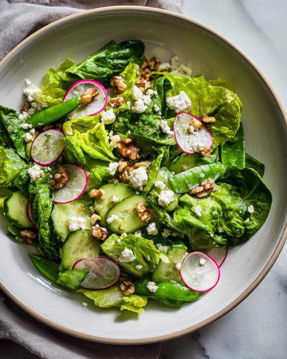 Nahaufnahme eines Sch&uuml;ssel mit knackigem Spring Salad, belegt mit Radieschenscheiben, Gurken und Feta.