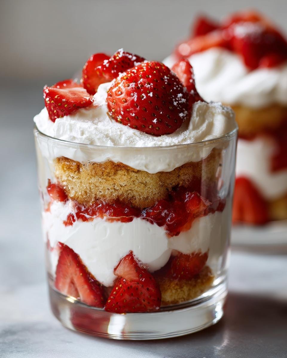 Nahaufnahme von geschichteten Strawberry Shortcake Cups mit Biskuit, Sahne und frischen Erdbeeren im Glas.