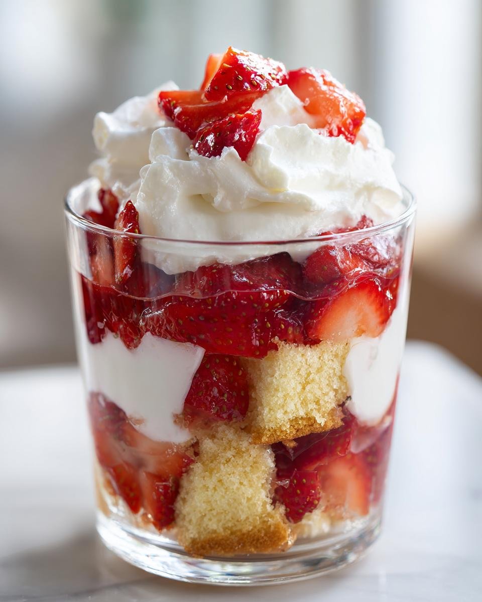 Nahaufnahme von leckeren Strawberry Shortcake Cups mit Schichten aus Kuchen, Erdbeeren und Sahne.
