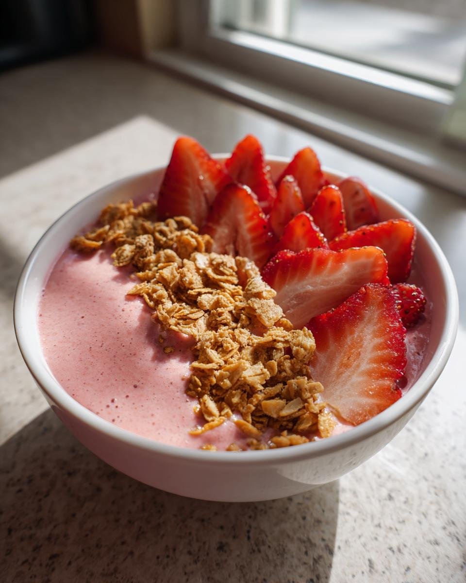 Nahaufnahme eines rosa Strawberry Smoothie Bowl, belegt mit frischen Erdbeerscheiben und knusprigem Granola.