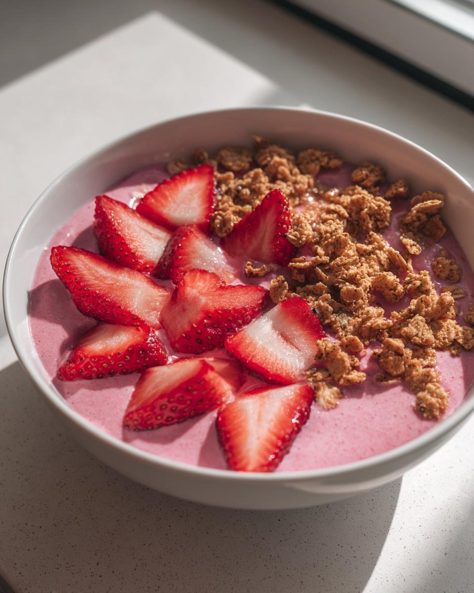 Nahaufnahme eines rosa Strawberry Smoothie Bowl, belegt mit frischen Erdbeerscheiben und knusprigem Granola.