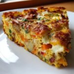 Nahaufnahme eines dicken St&uuml;cks Leftover Veggie Frittata mit sichtbaren Karotten- und Kartoffelst&uuml;cken.