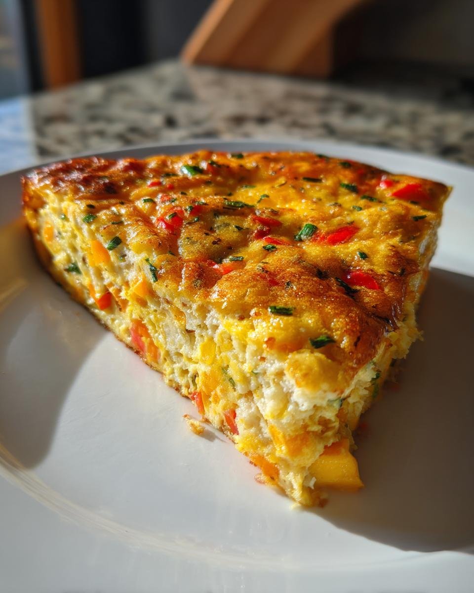 Nahaufnahme eines dreieckigen St&uuml;cks Leftover Veggie Frittata mit sichtbaren Gem&uuml;sest&uuml;cken auf einem wei&szlig;en Teller.