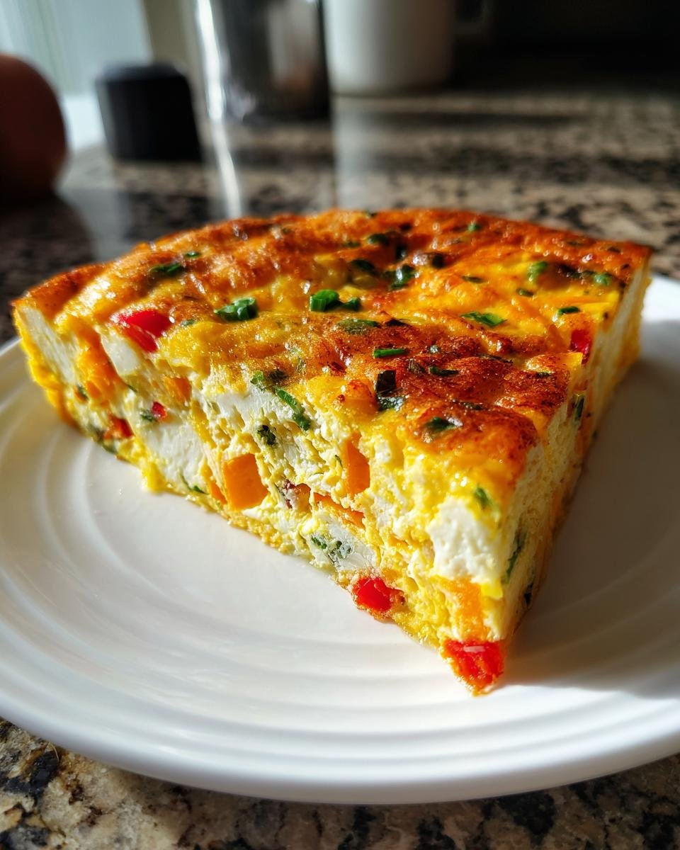 Ein dickes St&uuml;ck Leftover Veggie Frittata mit sichtbaren Gem&uuml;sew&uuml;rfeln auf einem wei&szlig;en Teller.