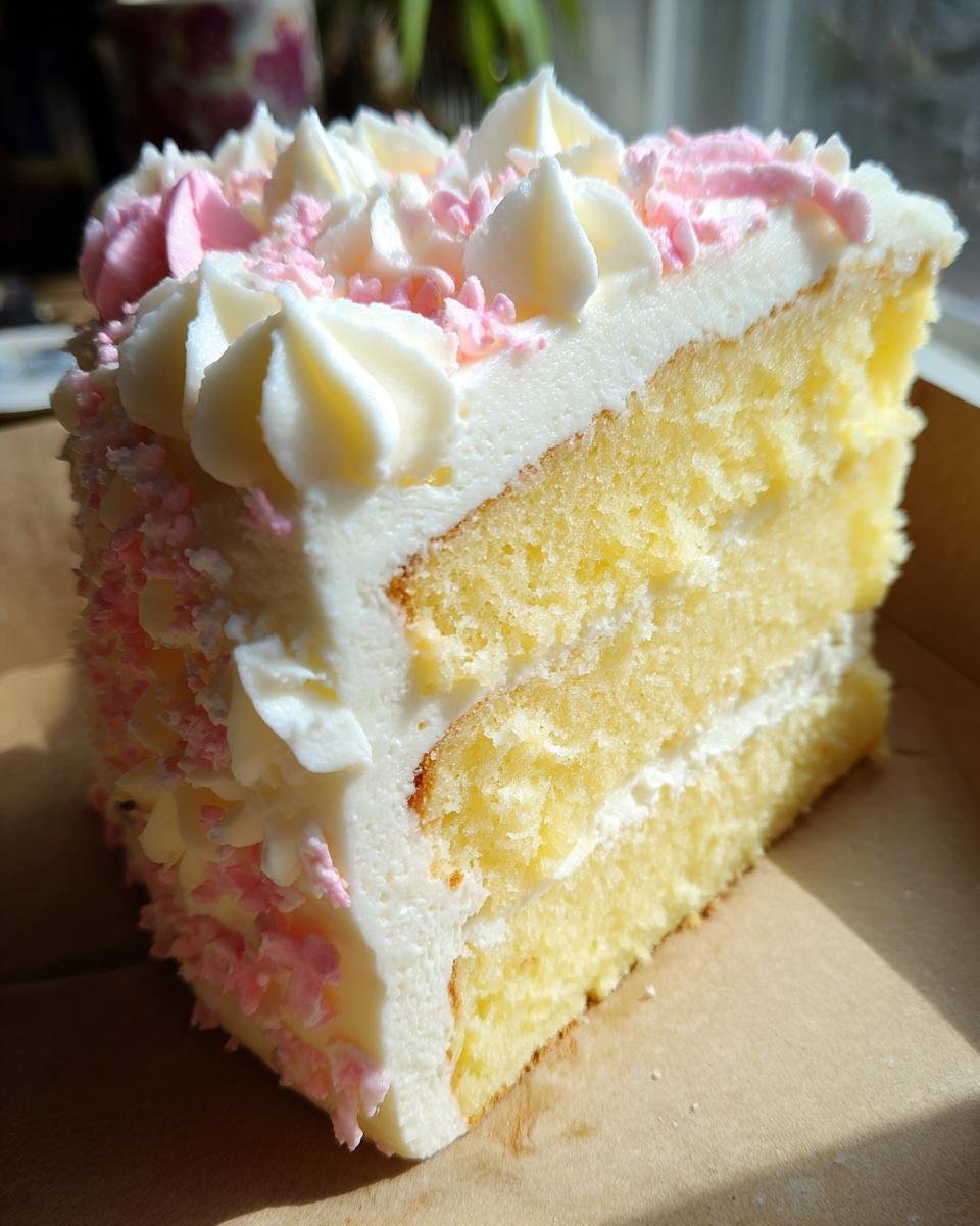 Nahaufnahme eines Kuchenschnitts vom Simple Floral Buttercream Cake mit gelbem Biskuit und wei&szlig;er Creme.