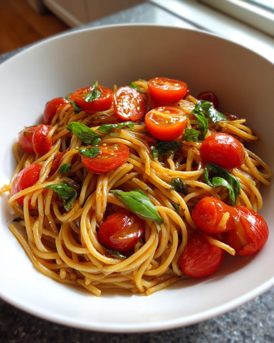 Nahaufnahme von cremiger Tomaten-Basilikum-Pasta mit halbierten Kirschtomaten und frischen Basilikumblättern.