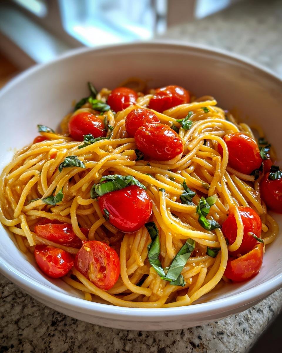 Eine Nahaufnahme von köstlicher Tomato Basil Pasta mit leuchtend roten Kirschtomaten und frischem Basilikum in einer weißen Schüssel.