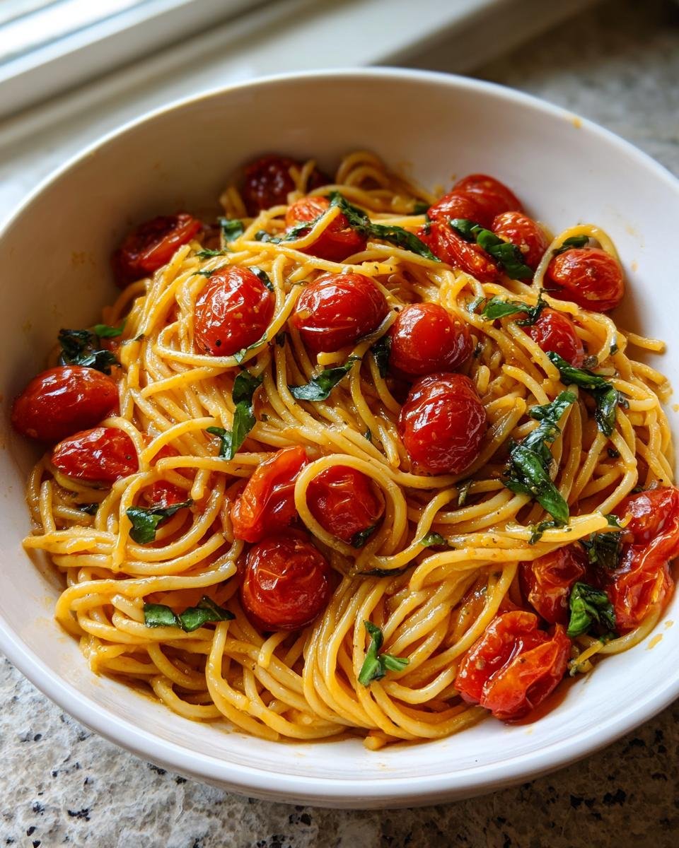 Eine Nahaufnahme von dampfender Tomato Basil Pasta mit gerösteten Kirschtomaten und frischem Basilikum in einer weißen Schüssel.
