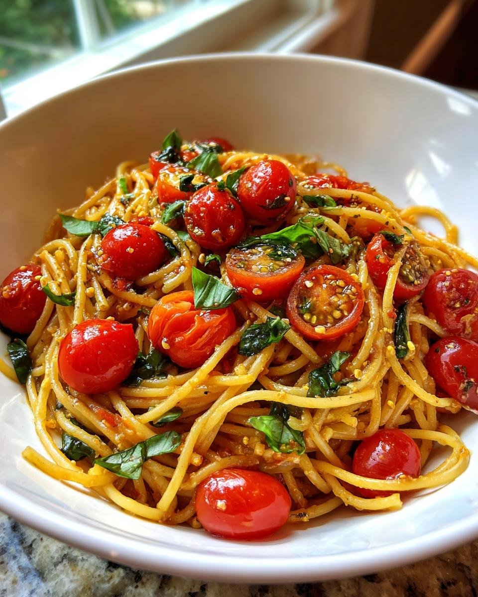 Nahaufnahme einer Schüssel mit cremiger Tomato Basil Pasta, garniert mit ganzen und halbierten Kirschtomaten und frischem Basilikum.